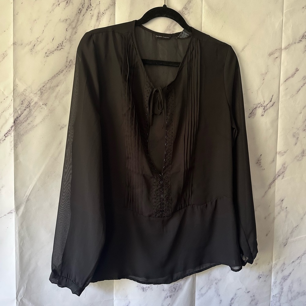 NEW YORK & COMPANY - BLACK BEADED DETAIL SEMI SHEER LONG SLEEVE BLOUSE